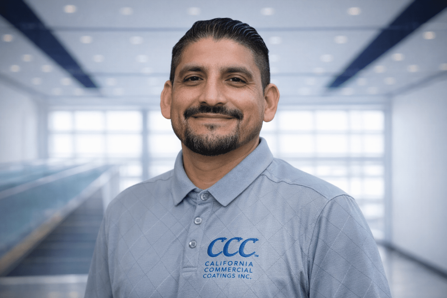 A man wearing a gray polo shirt with the "California Commercial Coatings Inc." logo stands indoors, smiling at the camera.
